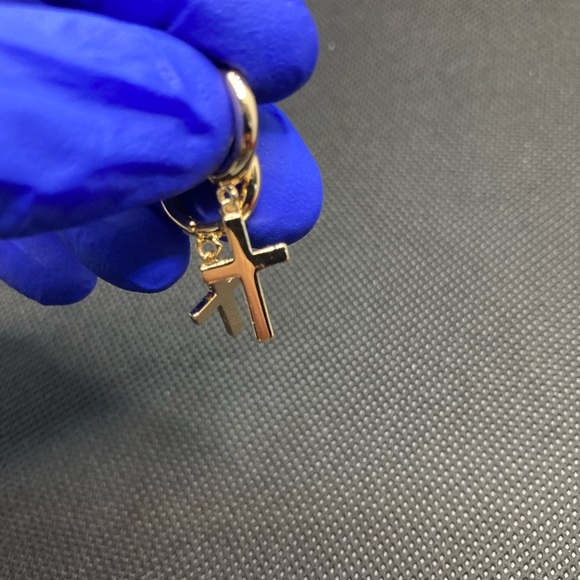 Cross Earrings Gold Huggie Hoop Dangle Drop - Picture 7 of 12